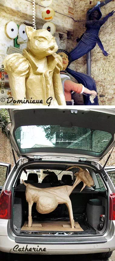 Sculpture d'une chevre dans sa voiture de retour